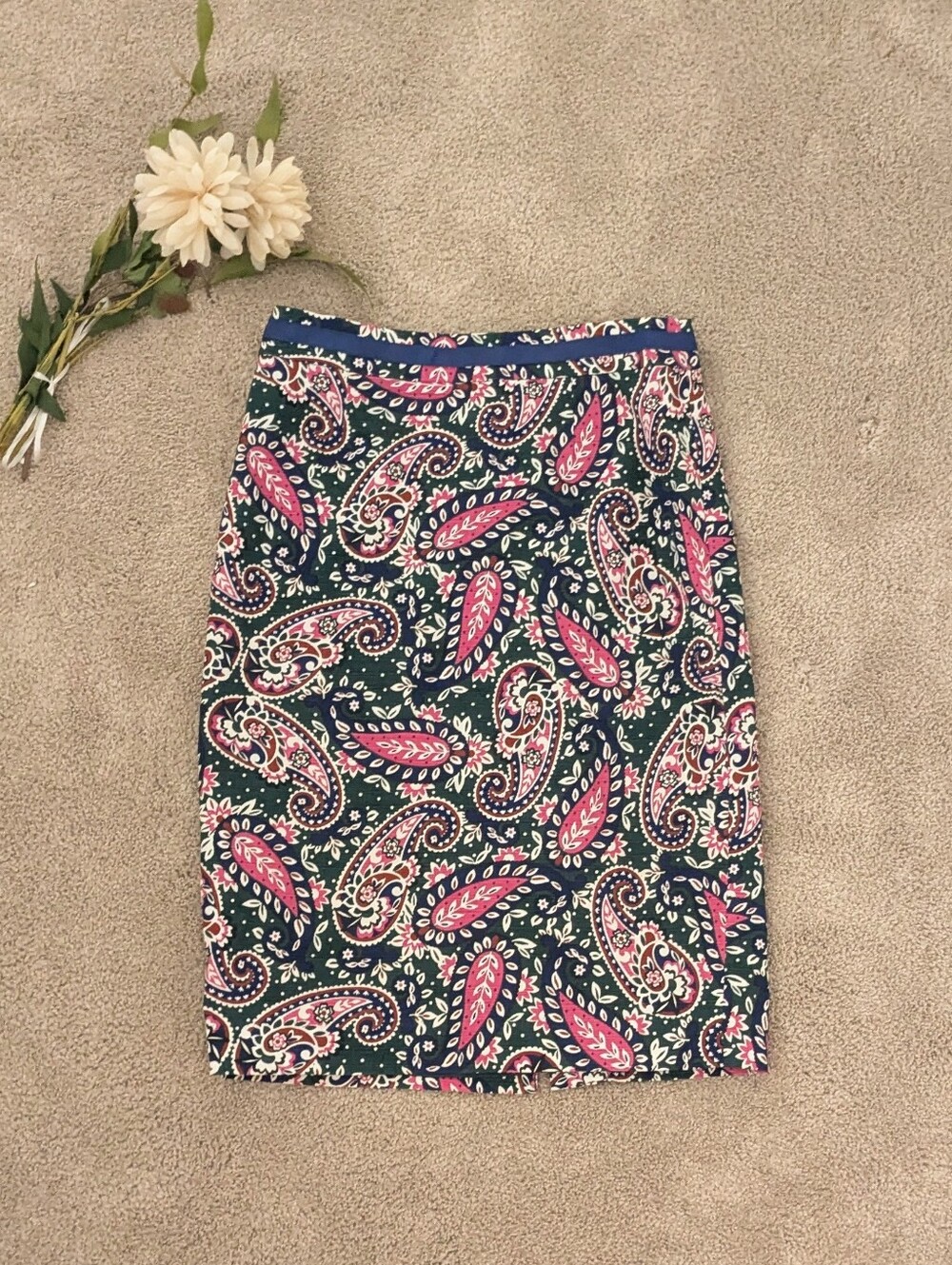 Boden Navy Paisley Pencil Skirt with Pink Accents